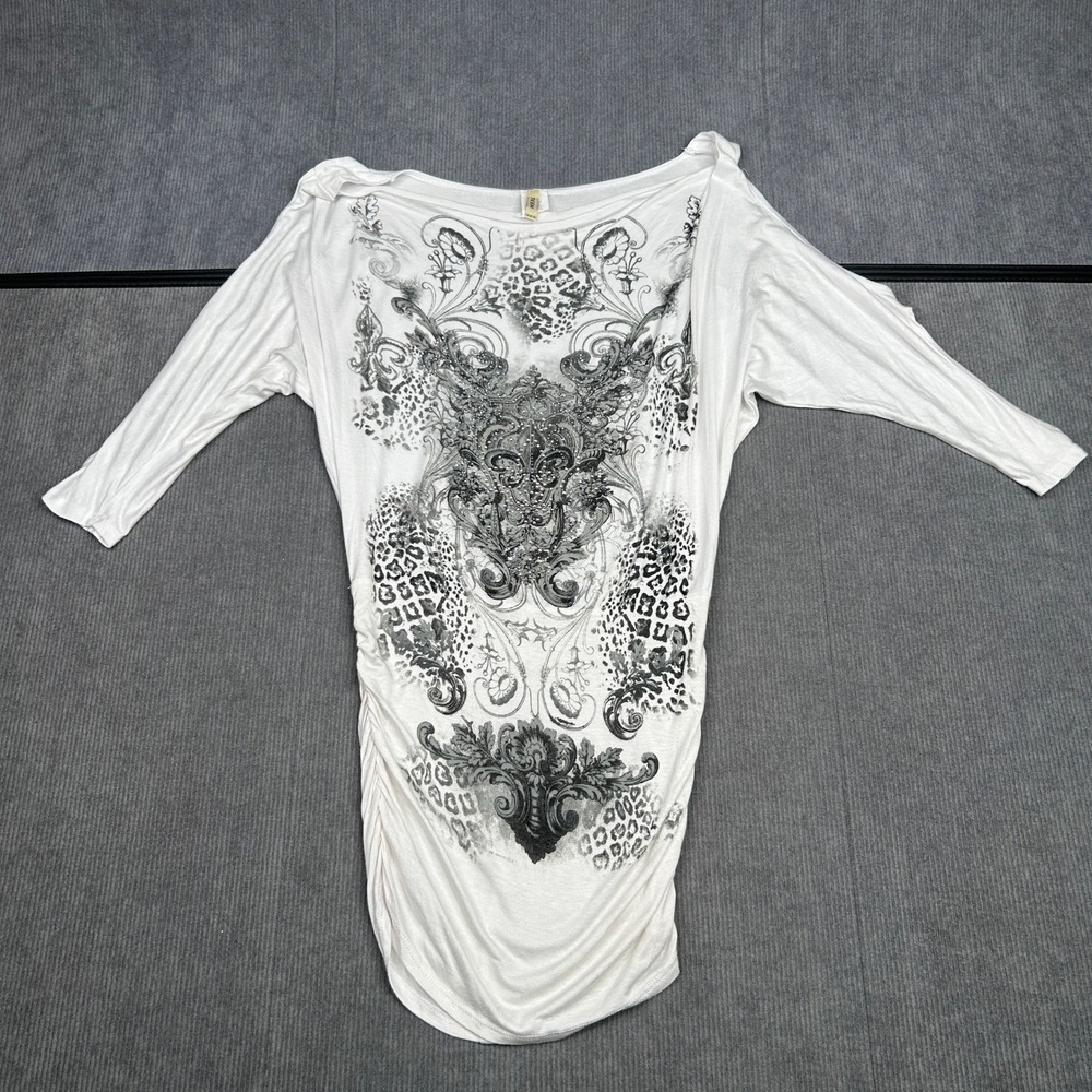 Teen White Graphic Tunic Top Rhinestone Leopard Print Ruched Side M Y2k Emo